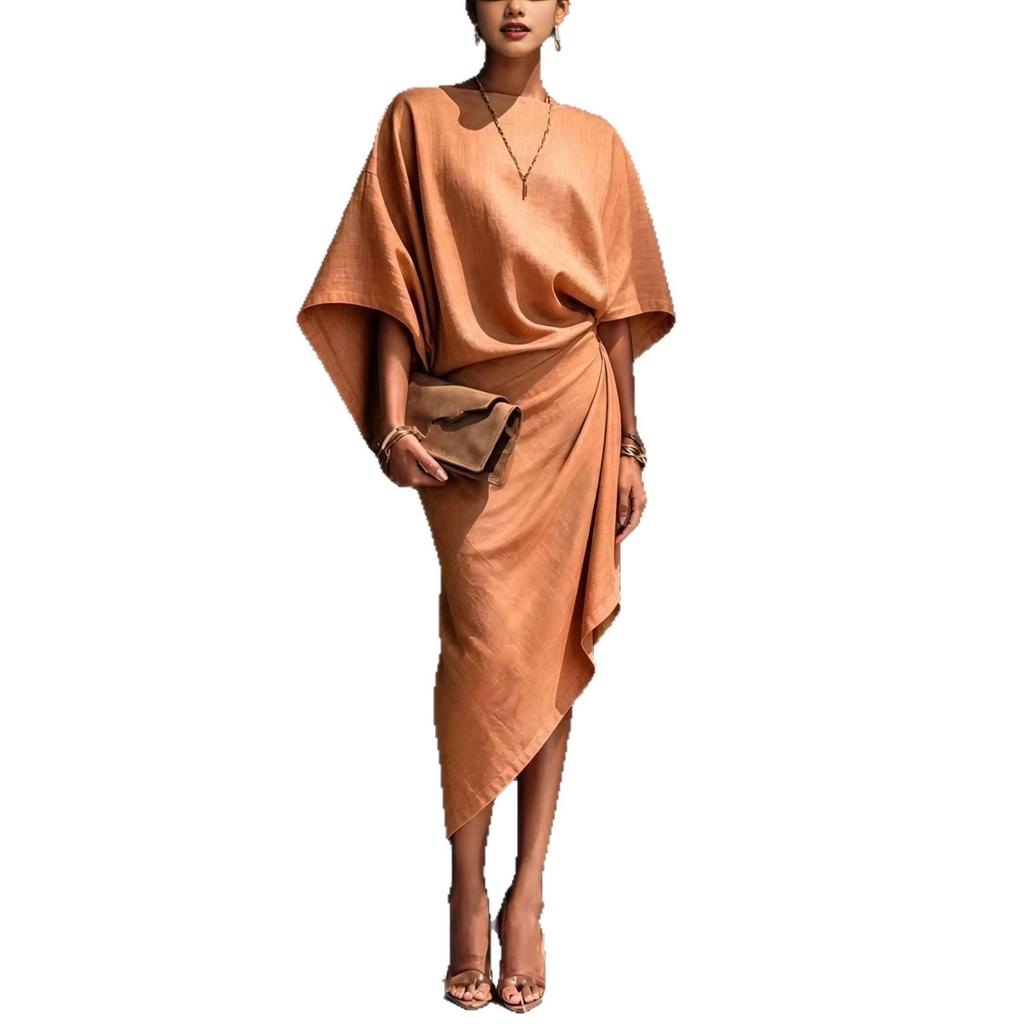Women's French loose bat sleeves, linen skirt, pleated irregular wrap mid-length dress