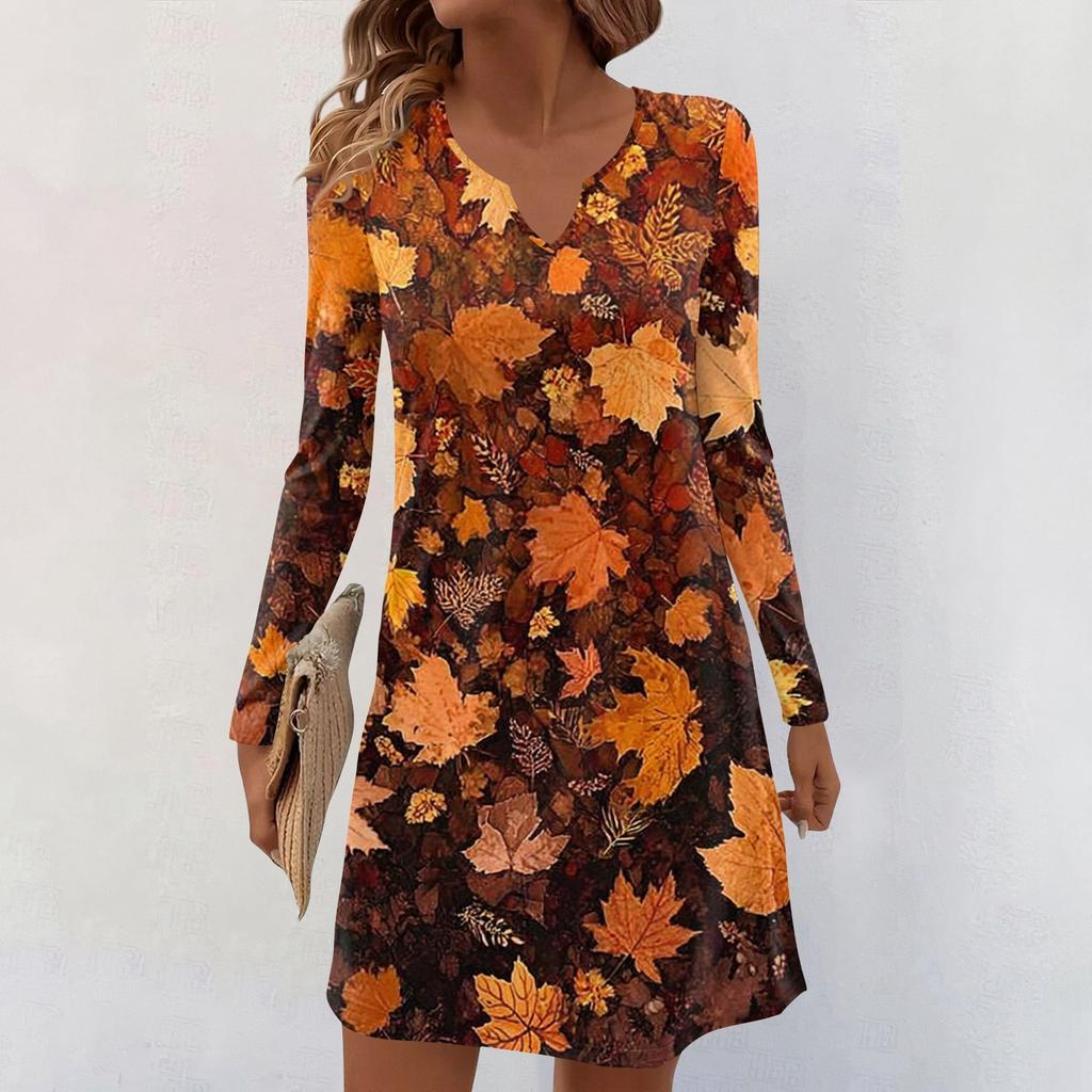 Women's Long-sleeved Casual Midi Dresses V-Neck Print  Casual Dress