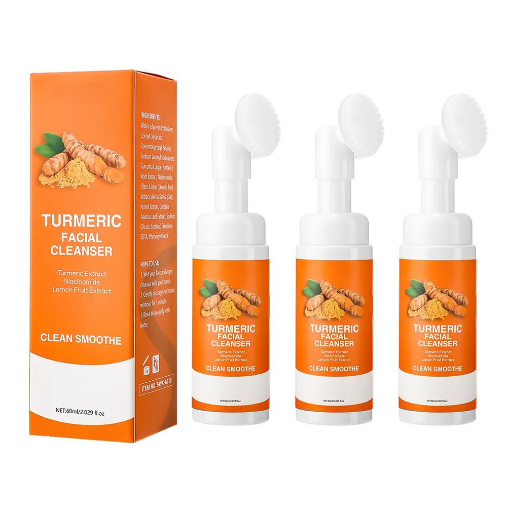 Turmeric Cleanser Moisturize Facial Brightening Skin Tone Daily Face Wash Foam with Brush Skin Care Clean Lemon Fruit Extract