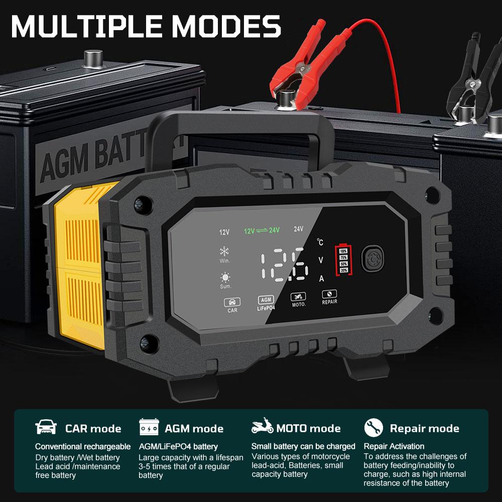 Digital Display Screen Quick Charge Car Motorcycle Battery Charger 7-stage For AGM GEL SLA Lead-Acid LiFePO4 Smart Battey Charger Handheld 12V-24V