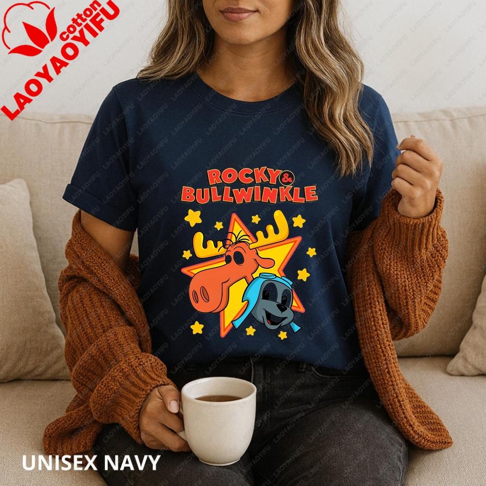 Unique Rocky and Bullwinkle Unisex Fun Crazy Neutral Classic Cotton Short-Sleeved T-Shirt for Both Unisex and WoUnisex