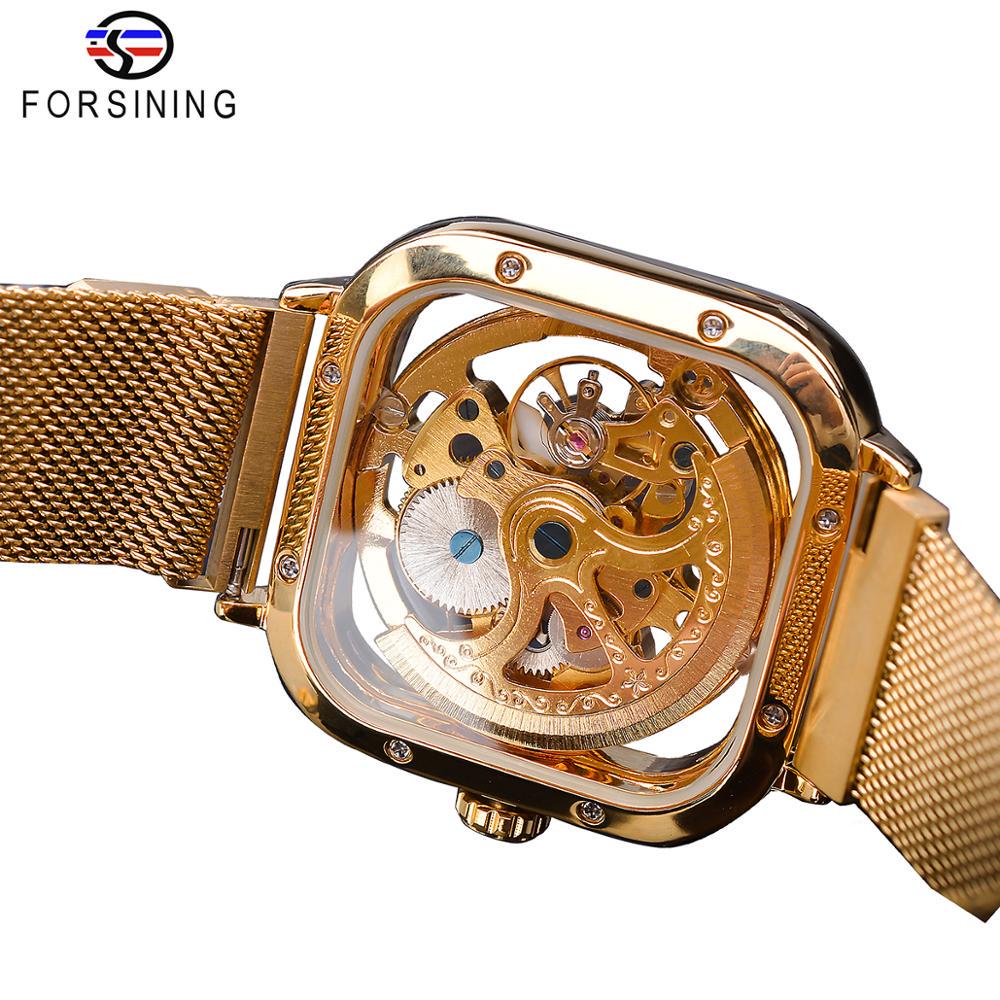 FORSINING Automatic Watches Mechanical Wrist Watch Golden for Mens Skeleton Watches with Stainless Steel Transparent Dial