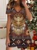 Fashion Women's V Neck Short Sleeve Retro Totem Printed  Dress Sex Short Skirt Dresses