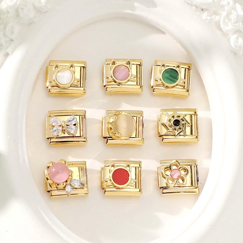Vintage Golden Charm Zircon Butterfly Bow Cat Flower Italian Charm Links Fit 9MM Stainless Steel Bracelet Women DIY Making Gift