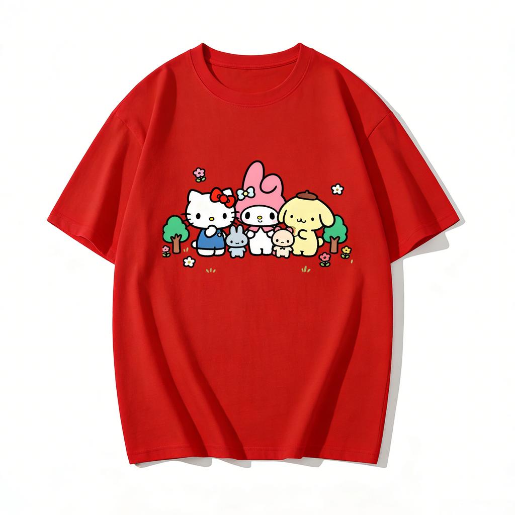 Summer Cute Sanrio Characters Group Print Tshirt Casual Short Sleeve Tee for Mom and Daughter Sweet Family Matching Outfits Top