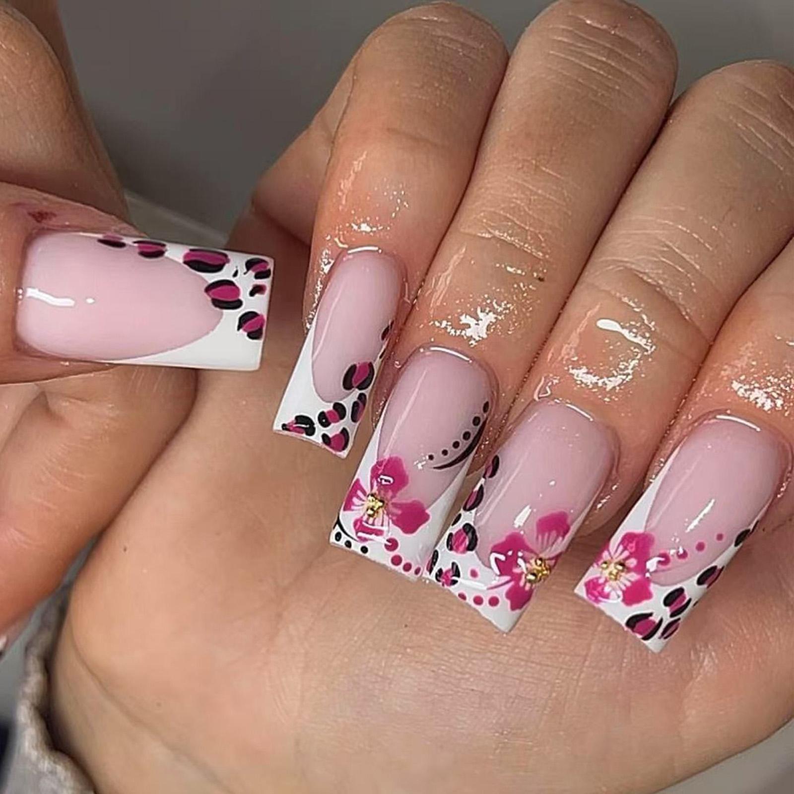 

Накладные ногти короткие квадратные с цветочным дизайном, искусственные ногти милые глянцевые клеевые искусственные ногти для женщин