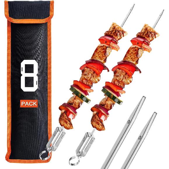 Металлические шампуры ESOW для барбекю - Длина 16,83 дюйма, плоские шампуры для кебаба с толкателем - Шампуры для шашлыка - Шампуры из нержавеющей стали 304 для кемпинга