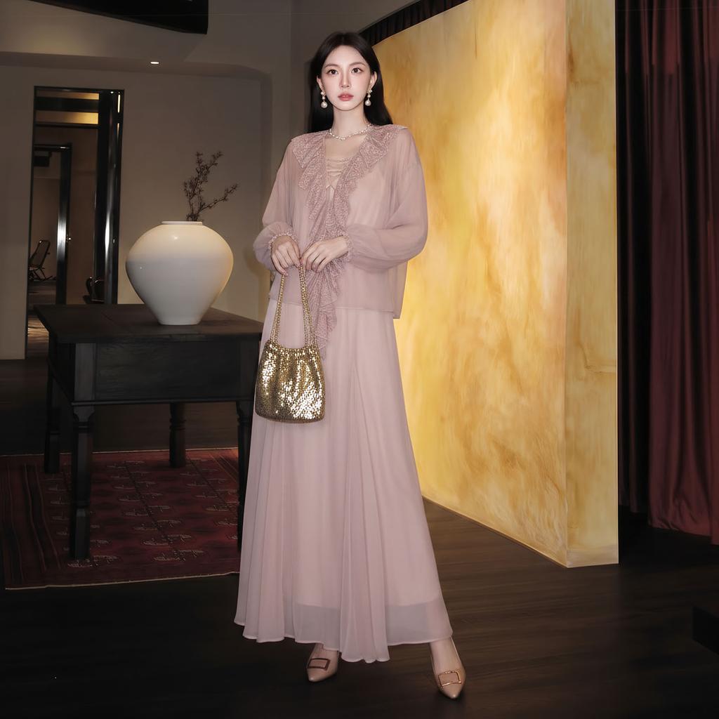 Spring and summer fashion new national style new Chinese ruffle edge lace top + A word big swing skirt suit female P1119