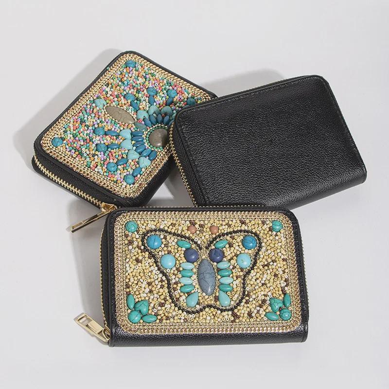 Bohemian Style PU Zipper Card Holder & Coin Purse with Butterfly and Flower Design