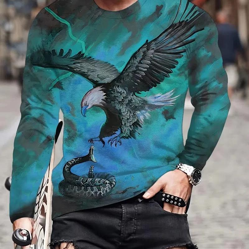 Moda Aquila Stampa Digitale 3D T-Shirt Casual Comoda a Maniche Lunghe Autunno Abbigliamento Fantasia da Uomo Top Regali da Uomo