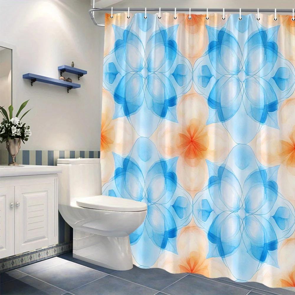 

1Pc Abstract Floral Shower Curtain - Symmetrical Blue & Peach Flowers On White, Polyester, Machine Washable, Bathroom Decor W60H190(CM)-1 Pcs