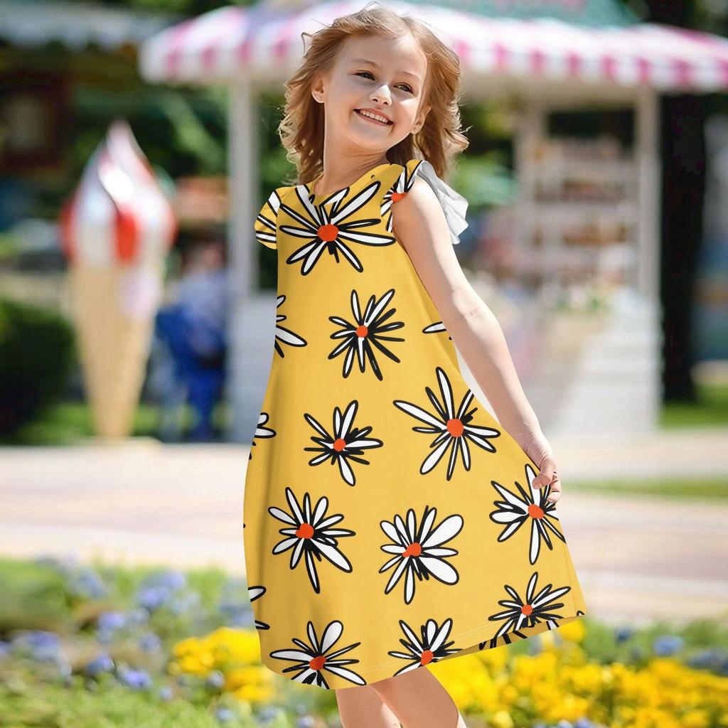 Children's Flying Sleeve Round Neck Summer A-Line Casual Holiday Floral Print Loose Dress