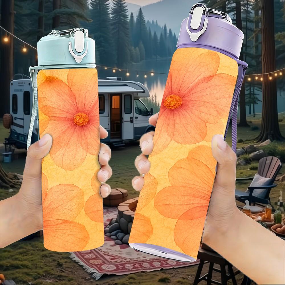 1PC Soft Gradient Orange Pink Daisy Floral Print 750ml Color Plastic Sports Water Bottle Leakproof Flip Straw Lid Suitable for Sports Office Home Use