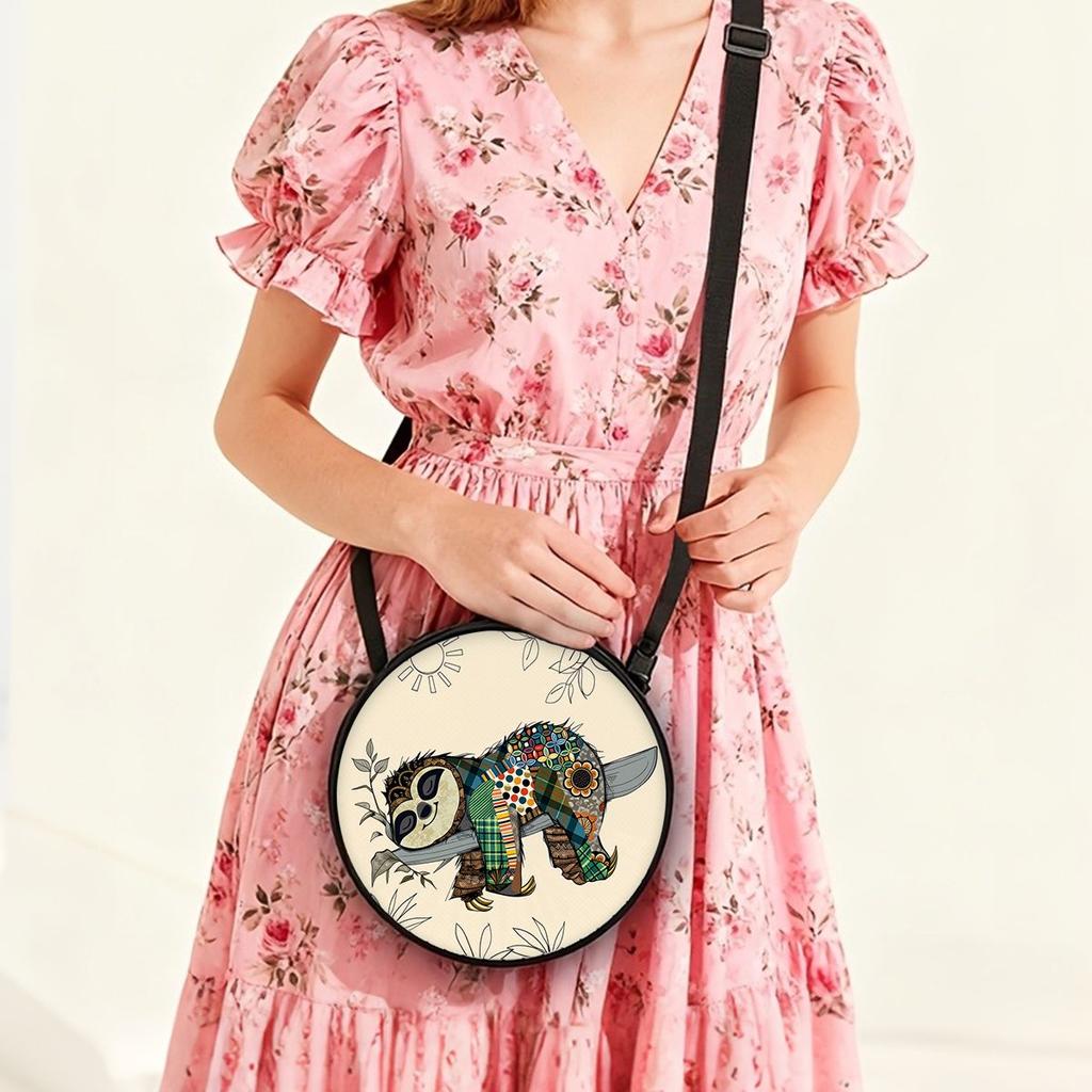 Sloth Print Round Shoulder Bag Casual Messenger Bag for Woman Best Gifts 2D Flat Casual Daily Crossbody Bag