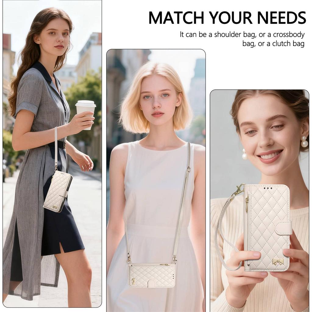 For Samsung Galaxy A57 A56 5G A54 A53 A52 A51 A71 4G A50 A30S Crossbody Wallet Case, Quilted Zip Pocket Card Holder Flip Cover