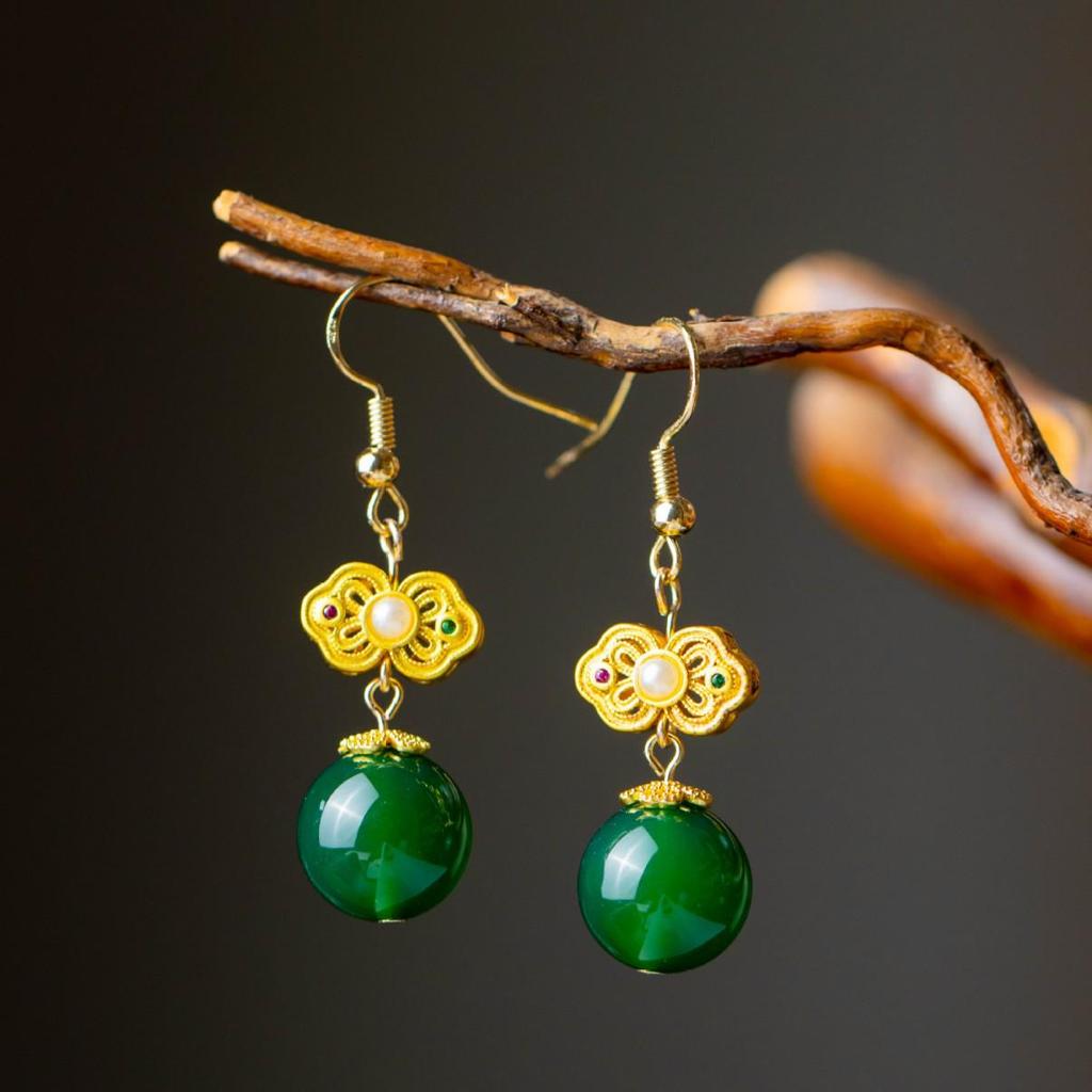 Xirui Natural Green Agate Round Bead Earrings for Women - Chinese Retro Fashion, Versatile Temperament, Ear Hook Style