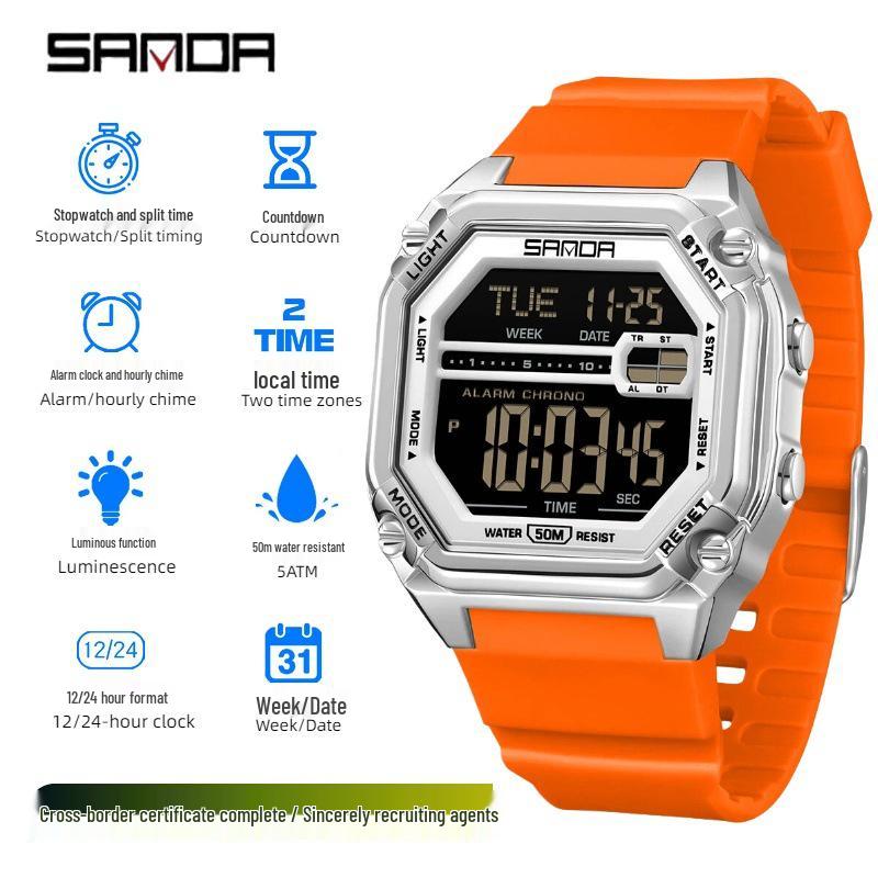 Sanda Multifunctional Waterproof Luminous Electronic Sports Watch for Students - Trendy Cool Square Design