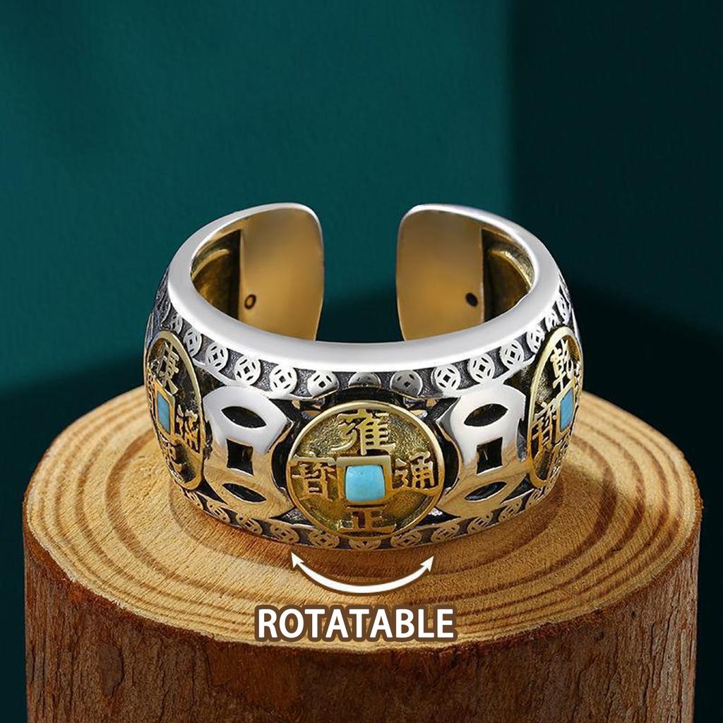 Rotating Five Emperor Coins Ring Adjustable Spinning Design For Anxiety Relief Stress Reliever Jewelry