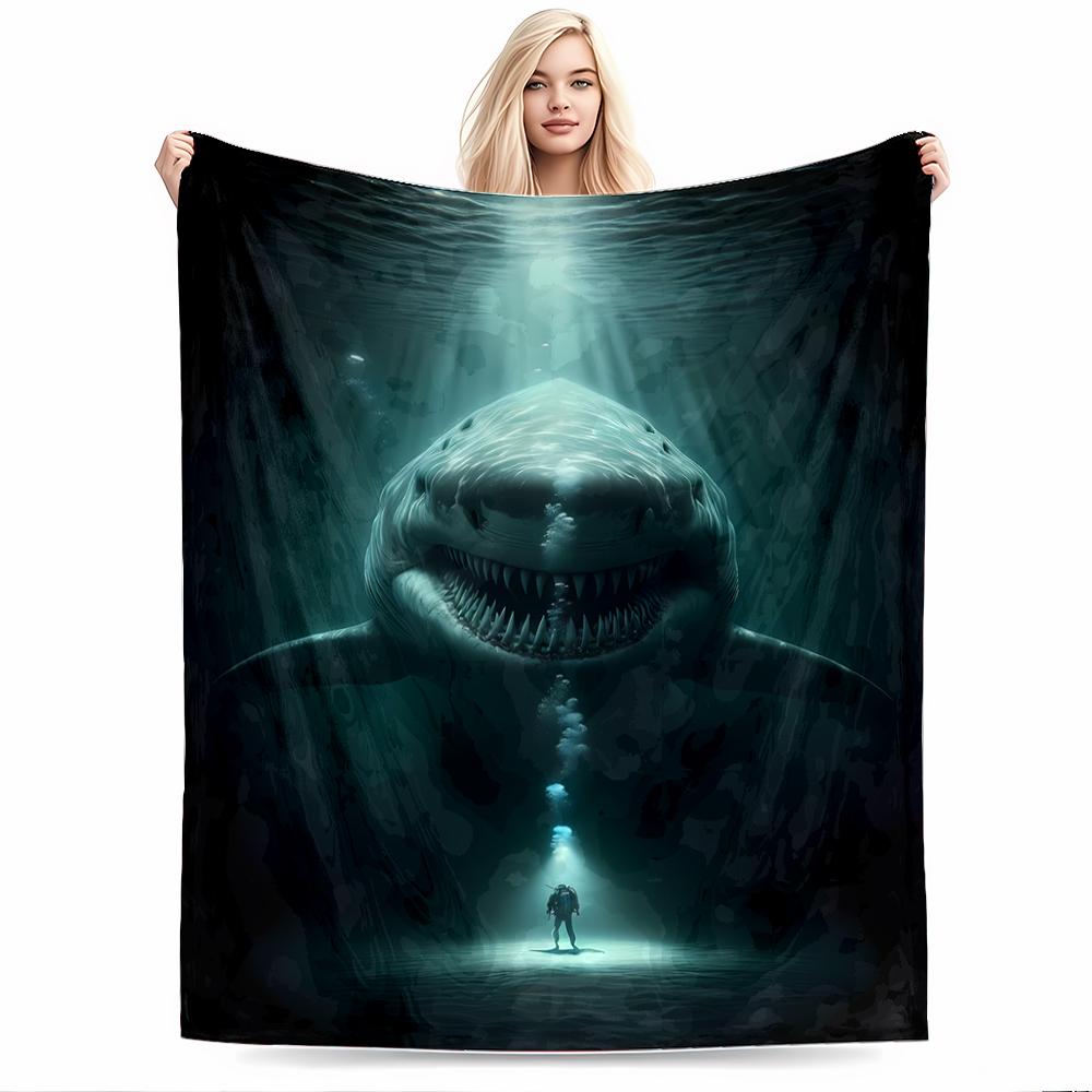 Diver and Shark Deep Sea Adventure Flannel blanket for bedroom, living room, sofa, and nap