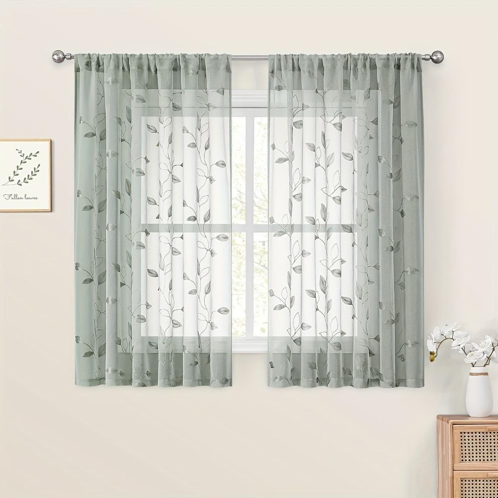 2PCS Semi-Transparent Embroidered Leaf  Window Thin Curtain Sunshade Curtains  Kitchen