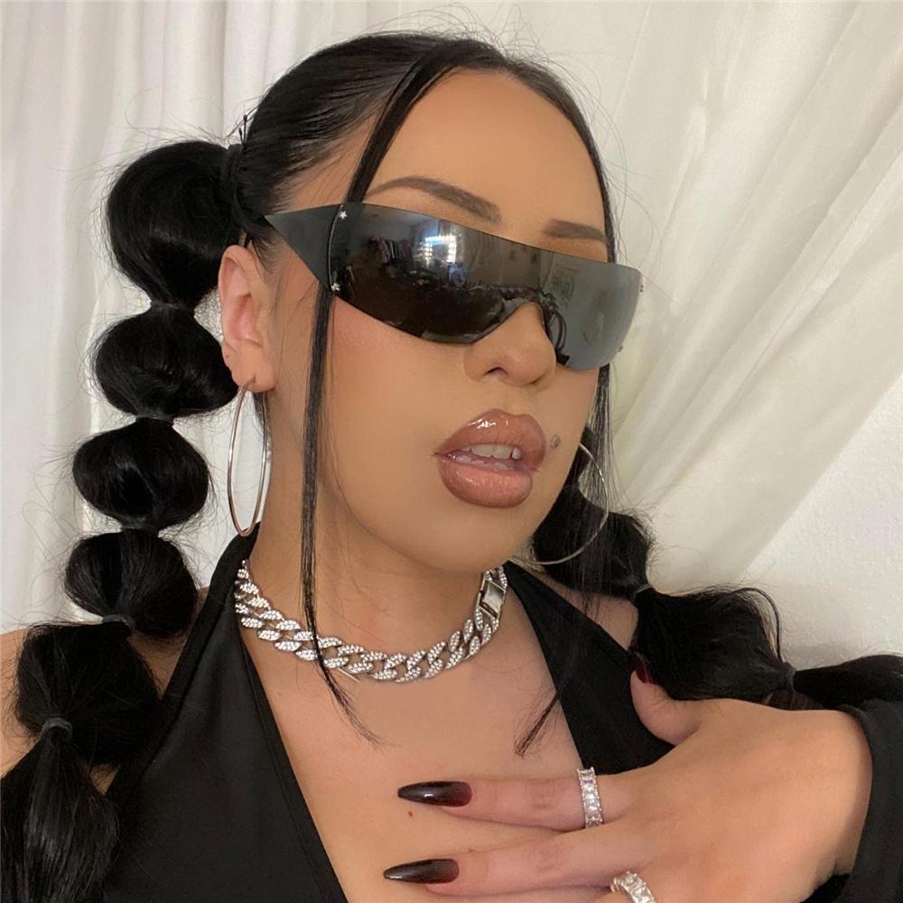Trendy Rim-Free Star Y2K Sunglasses for Female Male Punk One Piece Sunglasses Goggles Oversized Wrap Around Shades UV 400 Protection Eye Spectacles