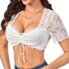 Damen V-Ausschnitt Kurzarm Crop Top Normale Passform Florale Spitze Bluse Kordelzug Vorne Dirndl Hemd Für Bayerisches Oktoberfest Festival Kostüm