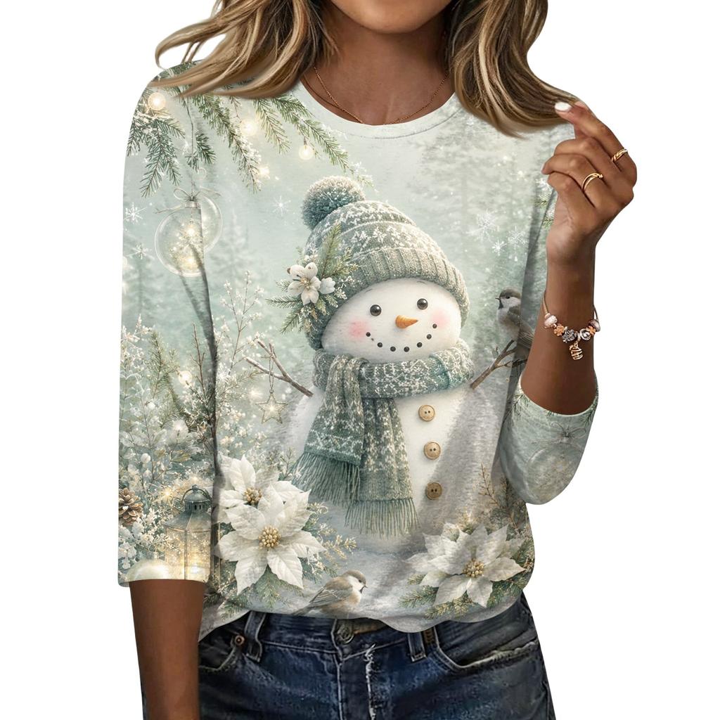 Women's Casual Christmas Print Neck Three-Quarter Sleeve T-Shirt for Holiday Party