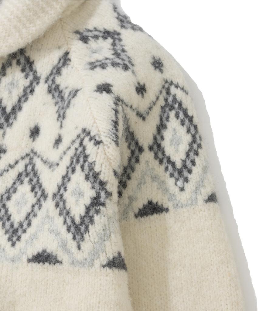 Knitted Bulky Wool Diamond Zip-Up Ivory