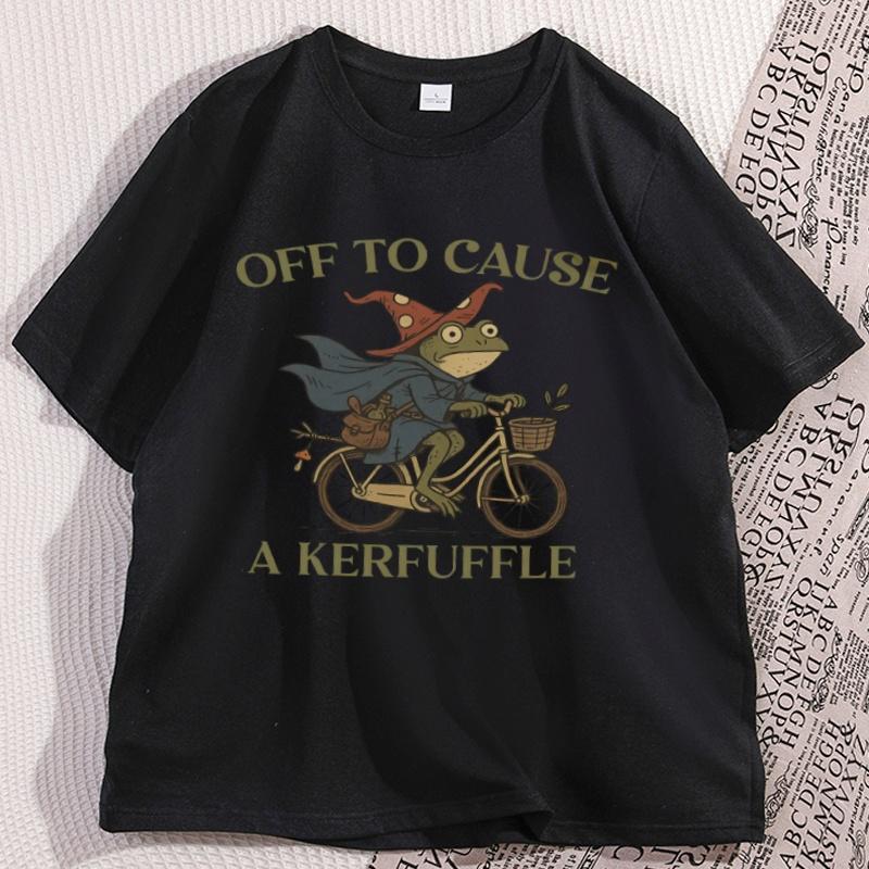 Off To Cause A Kerfuffle Frog Tshirt Men Women Causal Cotton Short Sleeve Funny Weirdcore Sayings Unique Tshirt Tee Clothes