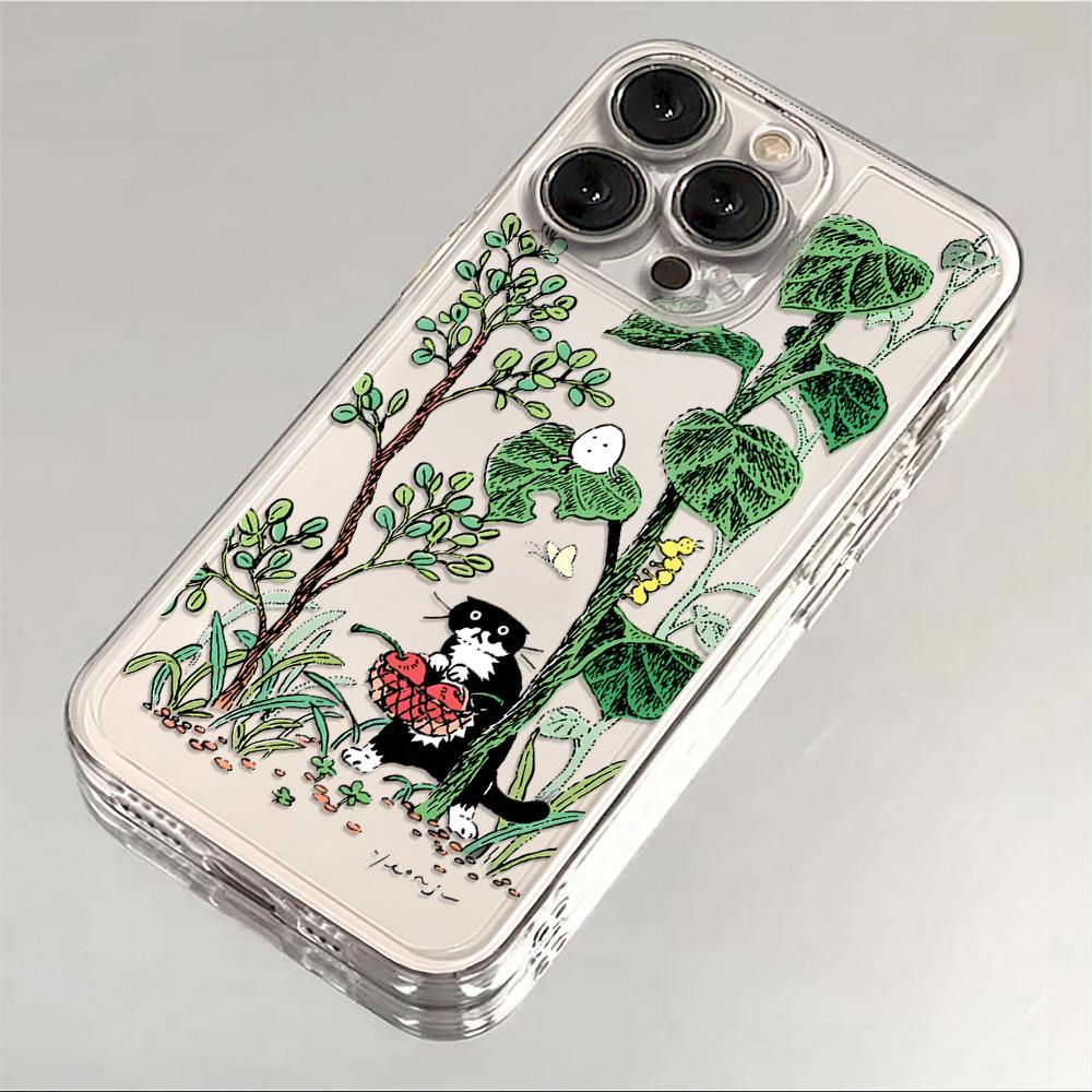 

Vintage Garden Black Cat Plant Clear Phone Case for iPhone 17 16 15 14 13 12 11 16E Series Pro Max Plus Double Layer Protection iphone 12 ProMax