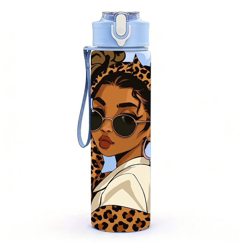 1PC Girl Leopard Hair Fashion Print 750ml Color Plastic Sports Water Bottle Leakproof Flip Straw Lid Suitable for Sports Office Home Use