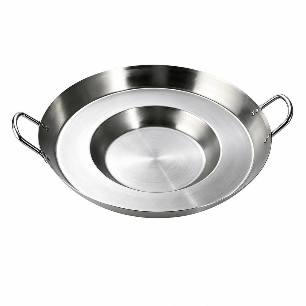 Uncoated Stainless Steel Grill and Fry Pan Induction Compatible Round Concave Frying with Two