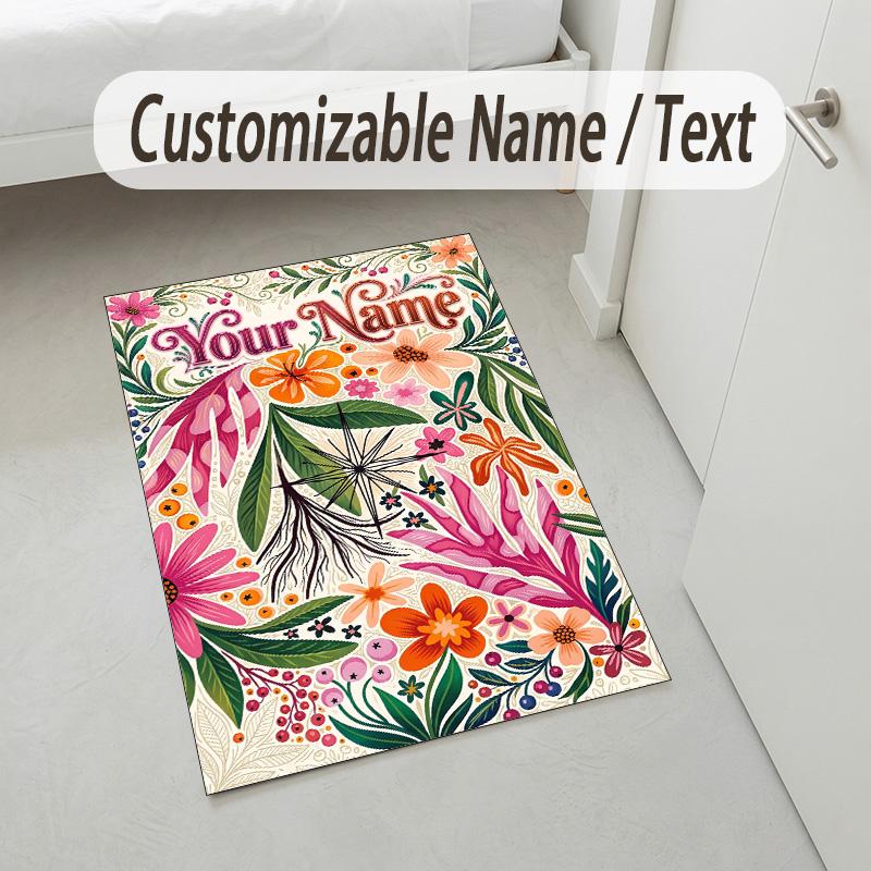 Floral Artwork Theme Soft Crystal Velvet Rug Custom Name & Text Print Non Slip Floor Rug for Bedroom Living Room