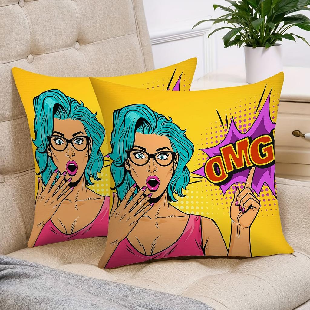 Pop Art Woman Pillowcase OMG Surprise Cushion Cover Retro Comic Style Throw Pillow Funny Gift Home Decor