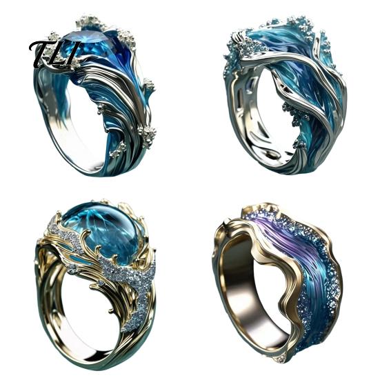 Daily Wear Finger Jewelry Resin Wave Ring for Women, Ocean Inspired Chunky Statement Ring, Non Tarnish Open Adjustable Fashion Summer Vacation Pattern