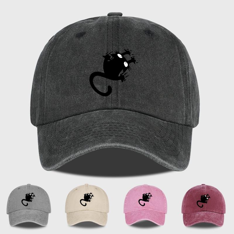 Funny Black Cat Print Washed Baseball Cap Soft, Comfortable, Lightweight, Breathable, Adjustable Cute, Playful, Trendy, Fashiona