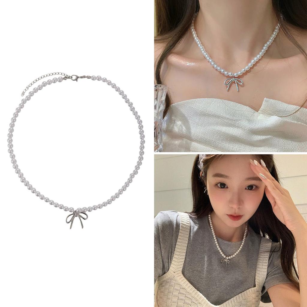 Sophisticated Pearl Necklace Accessory Delightful Necklace with Bowknot Pendant Beaded Chain for Collection Enthusiasts
