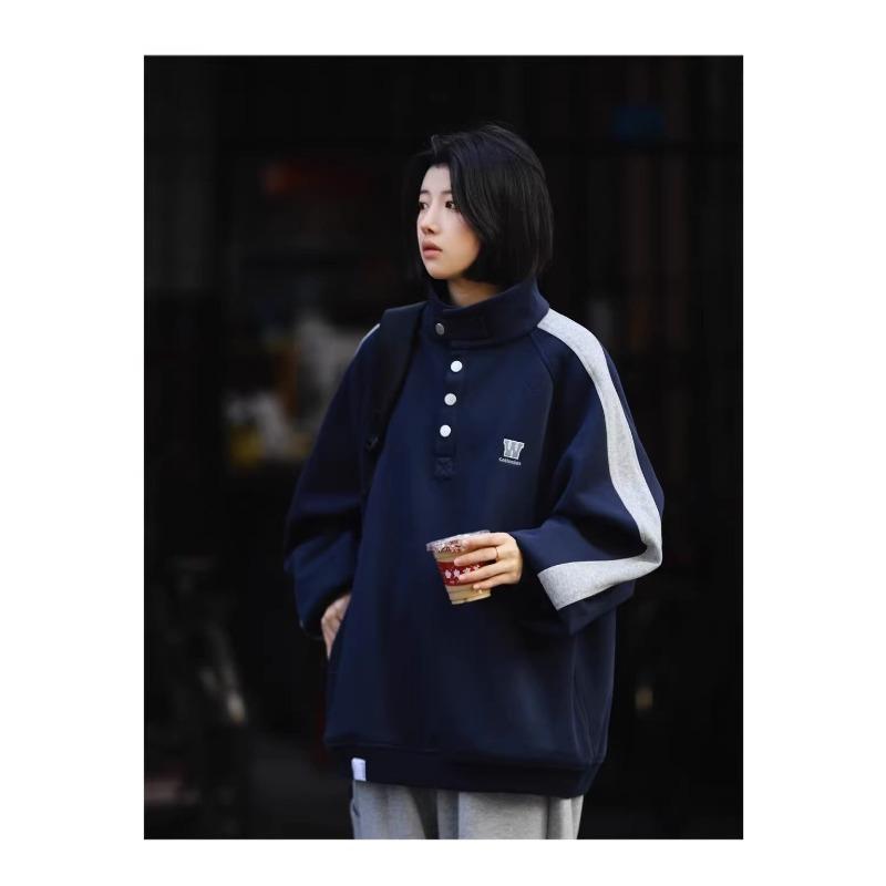 Loose Stand Collar Patchwork Retro Japanese Casual Pullover Sweatshirt Mens Workwear Outerwear