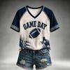 Women's Casual V-Neck Short Sleeve Top Lightweight Breathable Football Team Print Shirt