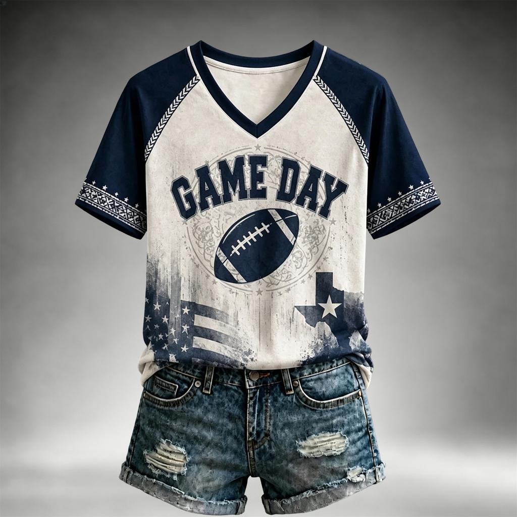 Women's Casual V-Neck Short Sleeve Top Lightweight Breathable Football Team Print Shirt