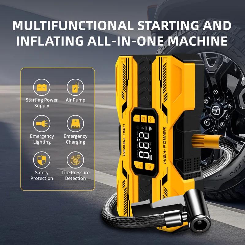 4-in-1 Car Jump Starter Power Bank with Air Compressor, 12V Portable Battery Booster for Auto Motorcycle LED Light & USB
