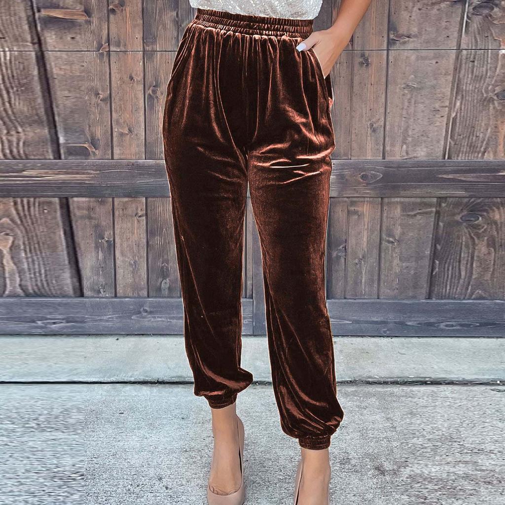 Damen-Hose aus goldenem Samt, gerade Hose, elastische Taille, Freizeithose