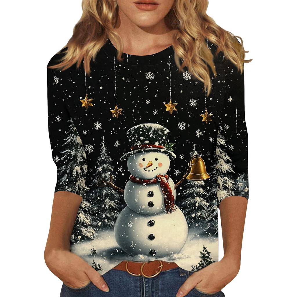 Women's Fashion Casual Christmas Printed Round Neck Long Sleeve Pullover Top