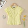 Women Casual V-Neck Solid Color Loose Ruffles Short Sleeve Blouse