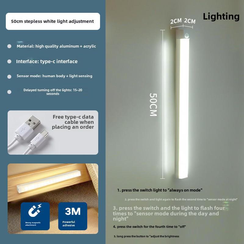 

Перезаряджувана надтонка світлодіодна стрічка з датчиком руху з магнітним клеєм для шаф і гардеробів 500MM білий