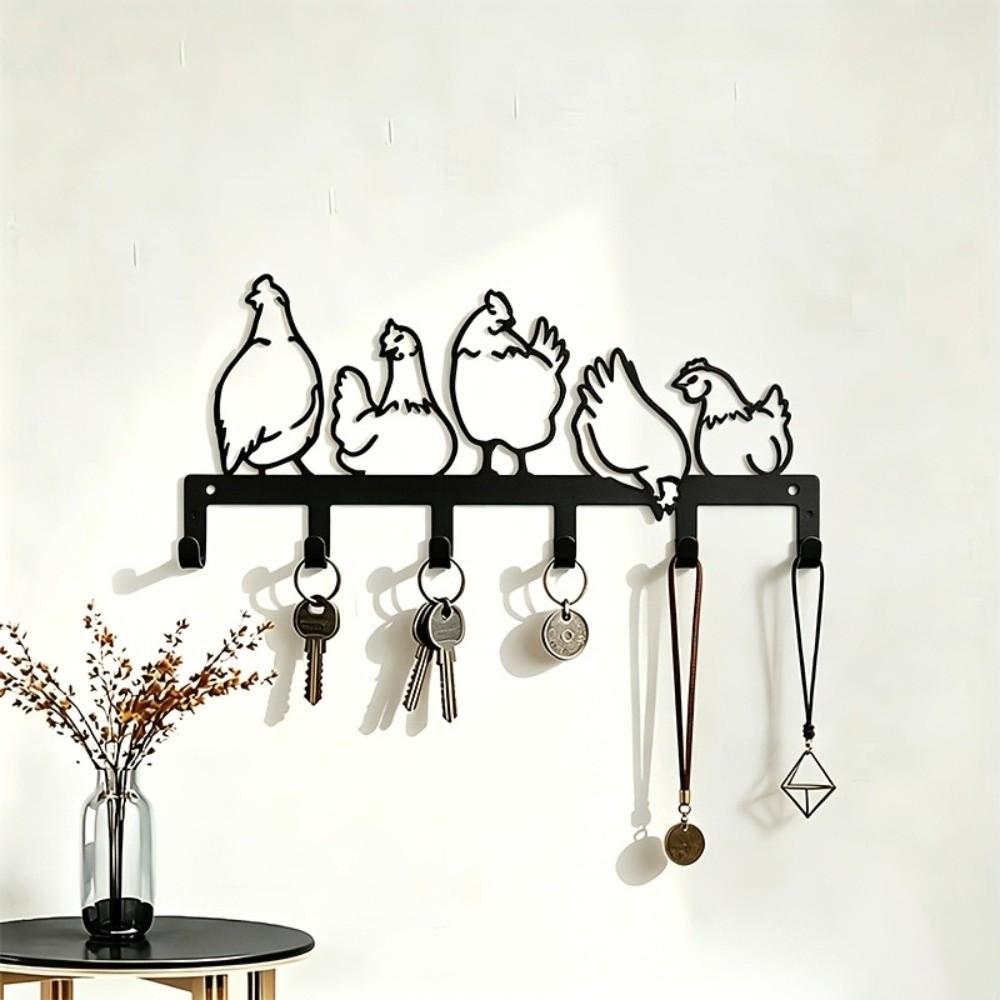 Five Hen Silhouette Wall Hanging Key Holder Vintage Clothes Storage Rack Rural Farmhouse