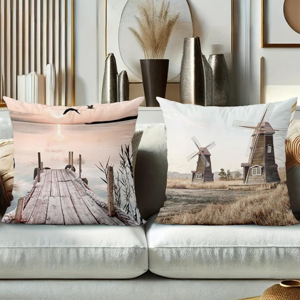 Seagull And Pier Windmill Printed Decorative Cushion Covers Polyester pillowcase, sofa decorative cushion cov Headboard Pillow