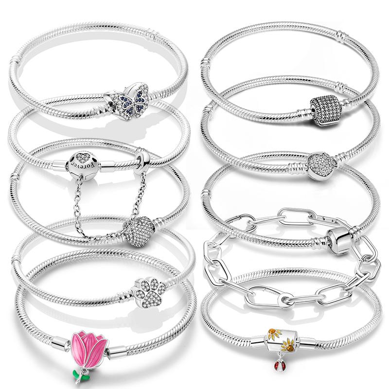 Authentic S925 Silver Snake Chain Clasp Charm Bracelet Fit Original European Bead Pendant Diy