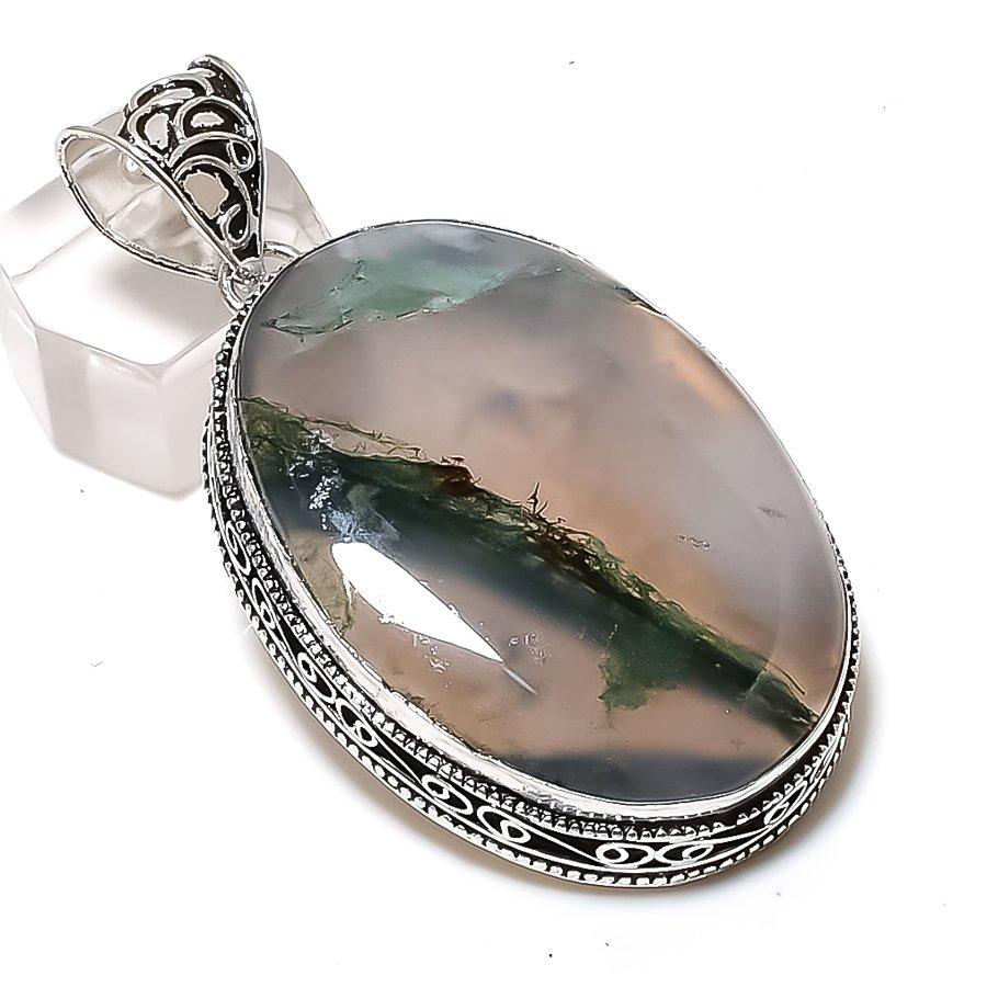 Natural Moss Agate Gemstone 925 Sterling Silver Jewelry Pendant 2.44" ETC-14588