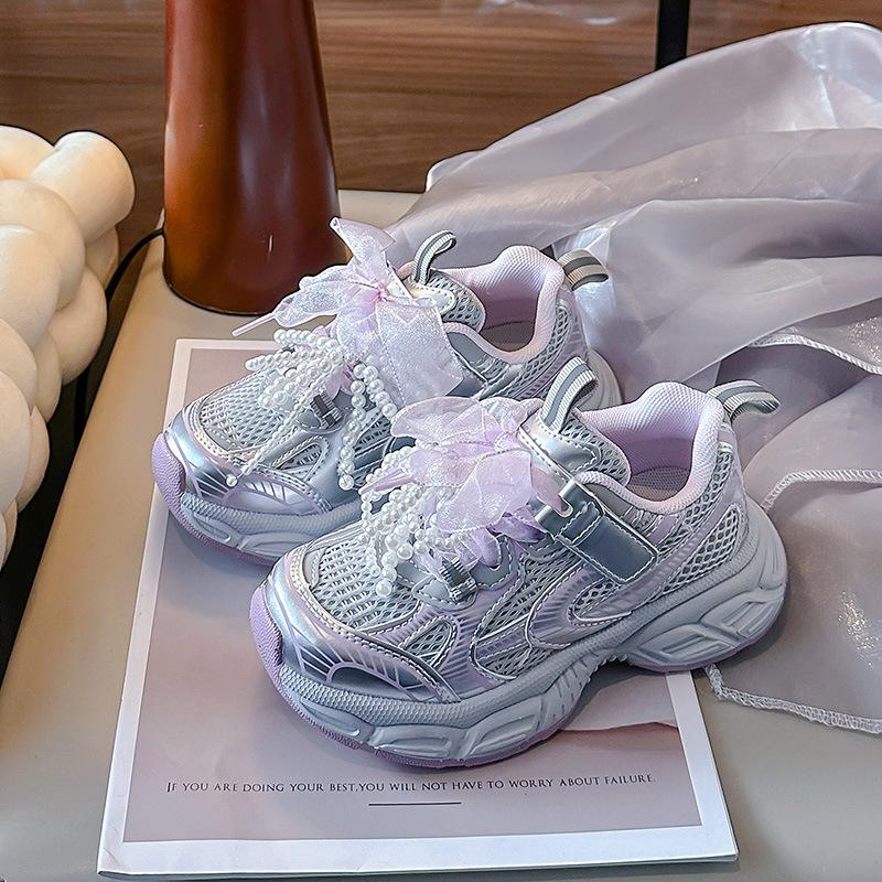 

Кроссовки для девочек в стиле принцессы, сетка, кружево, бант, детские кроссовки для бега, дышащие, новые 2025, детская спортивная обувь, толстая мягкая подошва, повседневные 26 розовый